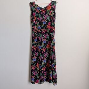 100% Silk Coldwater Creek Black Maxi Dress with Pink, Green & Blue Floral Print